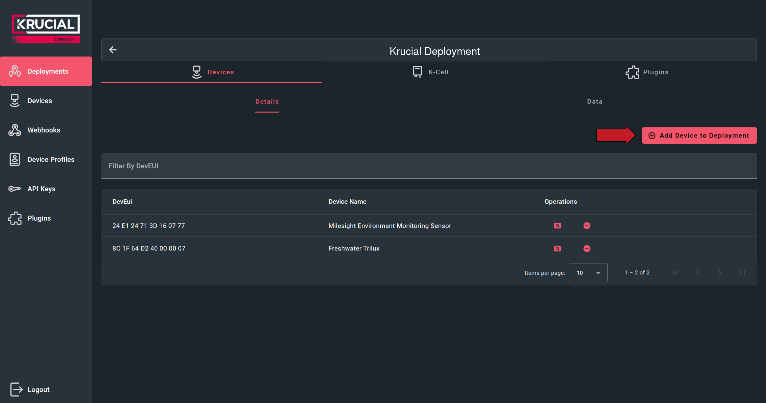 Add device to deployment button device-details