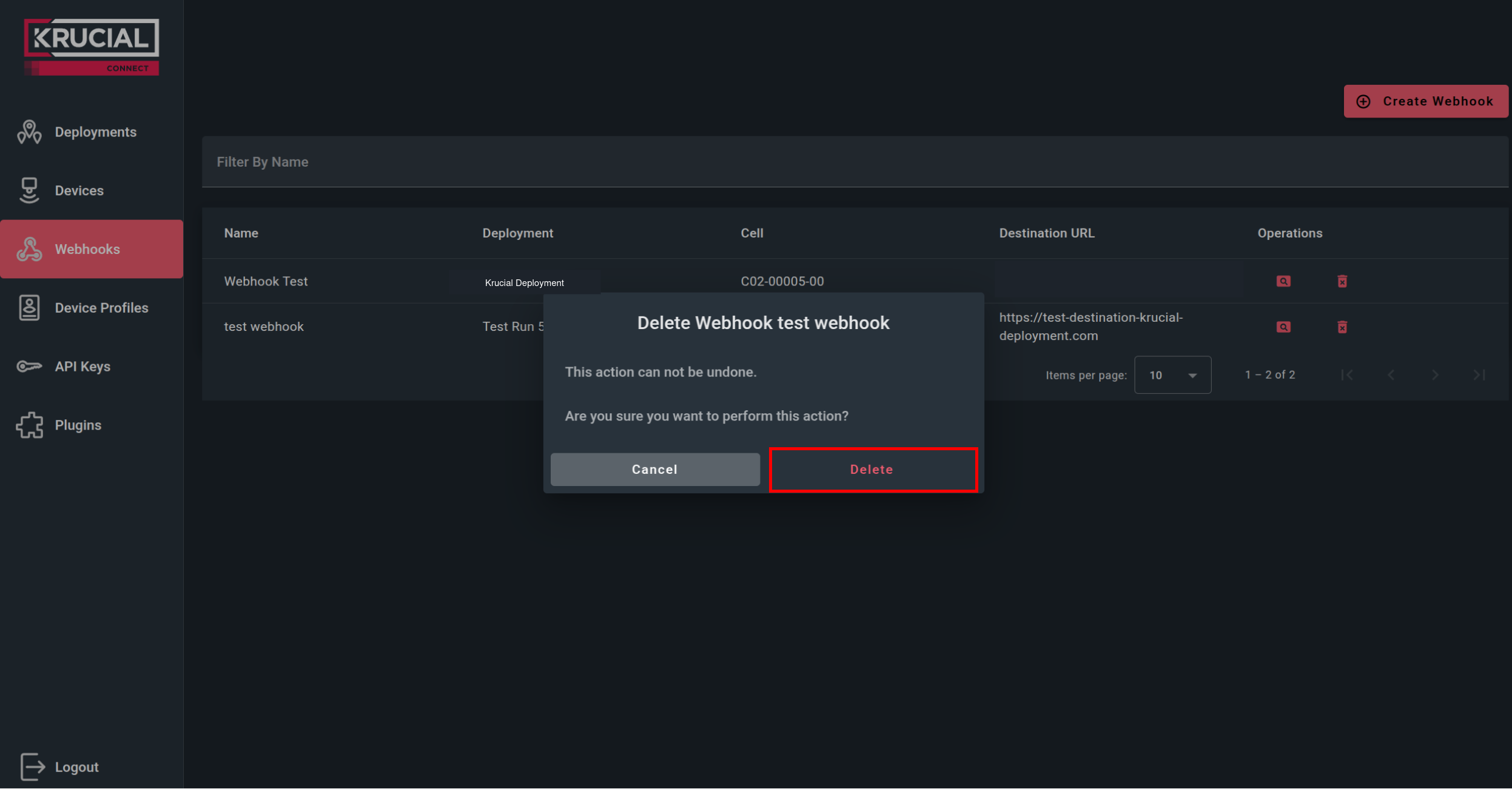 Delete webhook confirm webhook-created